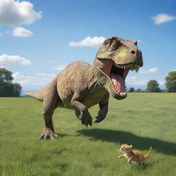 A dynamic scene with a friendly dinosaur running alongside a playful cat on a lush green field under a bright blue sky.