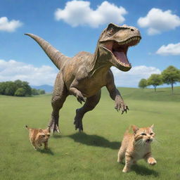 A dynamic scene with a friendly dinosaur running alongside a playful cat on a lush green field under a bright blue sky.