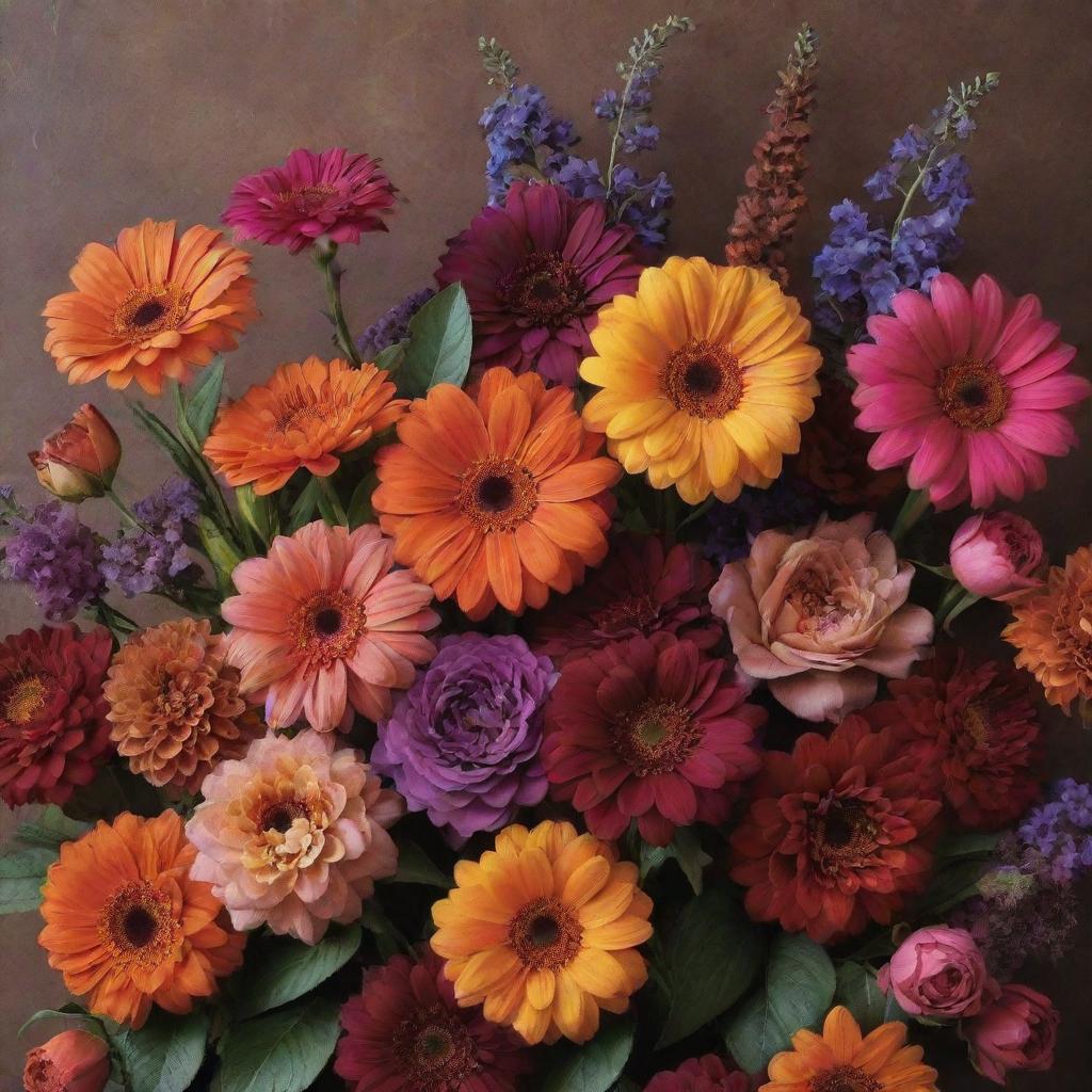 Aesthetic display of vibrant flowers against a backdrop of rich, earthy browns