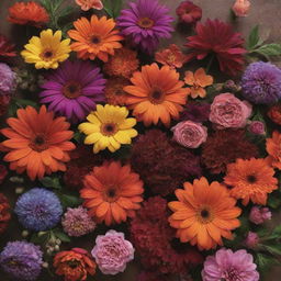 Aesthetic display of vibrant flowers against a backdrop of rich, earthy browns