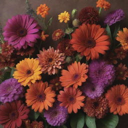 Aesthetic display of vibrant flowers against a backdrop of rich, earthy browns