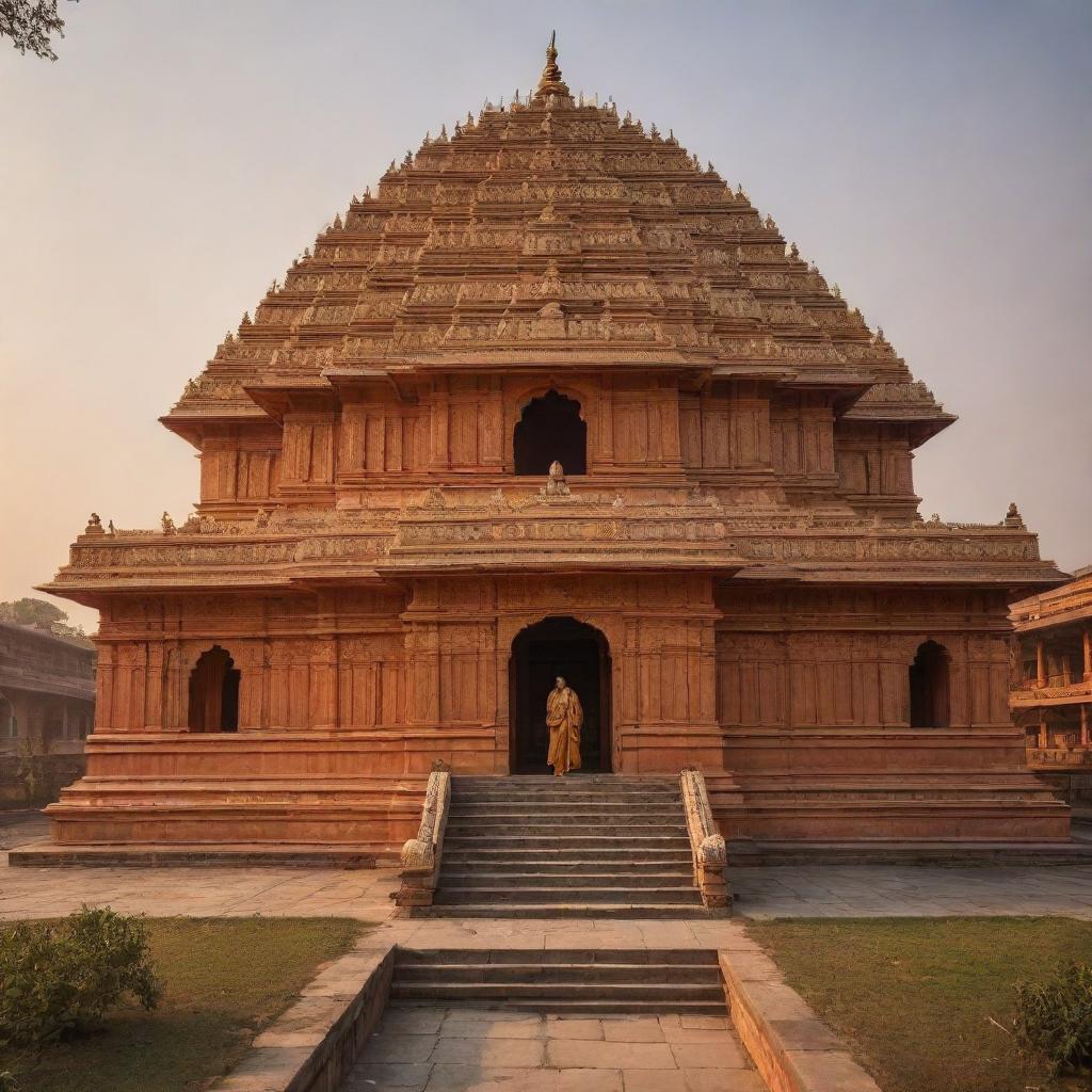 An architecturally intricate Ram Mandir in Ayodhya, bathed in golden light with the serene image of Prabhu Shree Ram garbed in traditional clothing