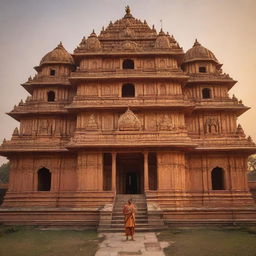 An architecturally intricate Ram Mandir in Ayodhya, bathed in golden light with the serene image of Prabhu Shree Ram garbed in traditional clothing