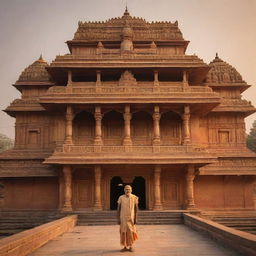 An architecturally intricate Ram Mandir in Ayodhya, bathed in golden light with the serene image of Prabhu Shree Ram garbed in traditional clothing