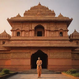 An architecturally intricate Ram Mandir in Ayodhya, bathed in golden light with the serene image of Prabhu Shree Ram garbed in traditional clothing