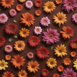 An aesthetically pleasing image with a brown background, decorated with a collection of vibrant flowers.