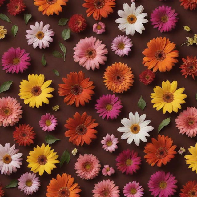 An aesthetically pleasing image with a brown background, decorated with a collection of vibrant flowers.