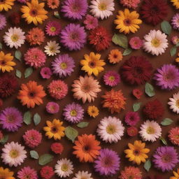 An aesthetically pleasing image with a brown background, decorated with a collection of vibrant flowers.