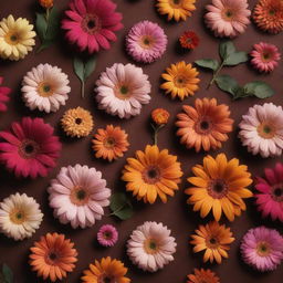 An aesthetically pleasing image with a brown background, decorated with a collection of vibrant flowers.