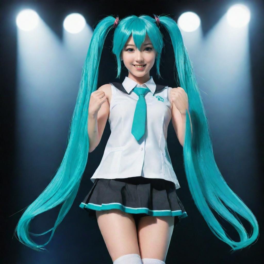 Create an image of Hatsune Miku, Japan's famous Vocaloid pop star, with teal hair in twin tails and her signature schoolgirl outfit, set against a spotlight on a concert stage.