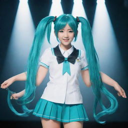 Create an image of Hatsune Miku, Japan's famous Vocaloid pop star, with teal hair in twin tails and her signature schoolgirl outfit, set against a spotlight on a concert stage.