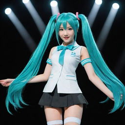 Create an image of Hatsune Miku, Japan's famous Vocaloid pop star, with teal hair in twin tails and her signature schoolgirl outfit, set against a spotlight on a concert stage.