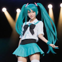 Create an image of Hatsune Miku, Japan's famous Vocaloid pop star, with teal hair in twin tails and her signature schoolgirl outfit, set against a spotlight on a concert stage.