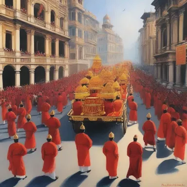 The artist painted a beautiful depiction of a grand procession making its way through the city.