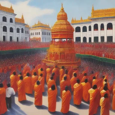 The artist painted a beautiful depiction of a grand procession making its way through the city.