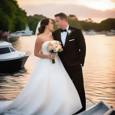 The couple shared a romantic evening by watching a breathtaking sunset while a lively procession of boats passed by.