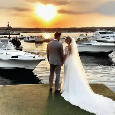 The couple shared a romantic evening by watching a breathtaking sunset while a lively procession of boats passed by.