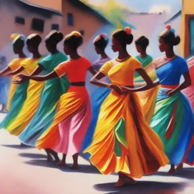 The artist painted a beautiful scene of a colorful procession of dancers.