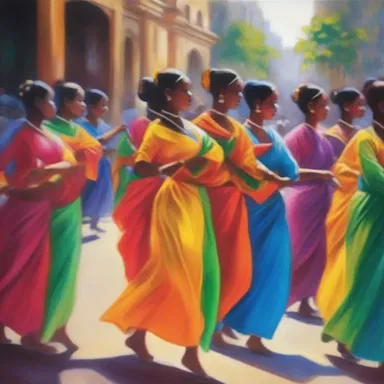 The artist painted a beautiful scene of a colorful procession of dancers.