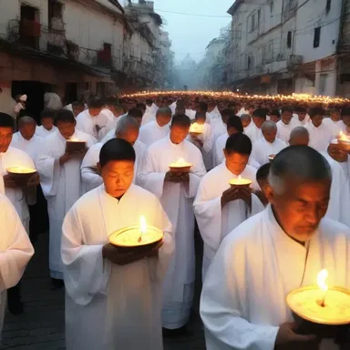 The religious procession made its way through the streets, with people carrying candles and singing hymns.