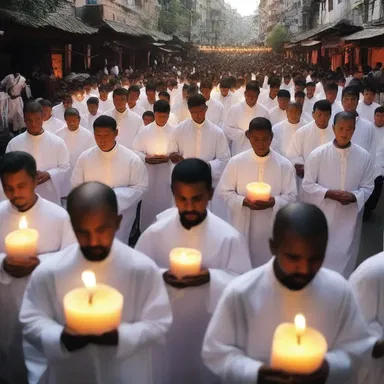 The religious procession made its way through the streets, with people carrying candles and singing hymns.