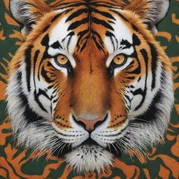 a large tiger pattern background, filled with details and vibrant colors