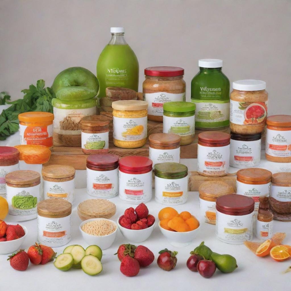 The grand unveiling of a new line of wellness products, emphasizing a range of vibrant, appealing and nutritious food items.