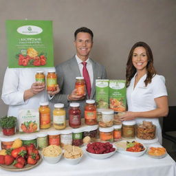 The grand unveiling of a new line of wellness products, emphasizing a range of vibrant, appealing and nutritious food items.