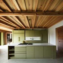 A architecturally designed kitchen with olive green cabinetry and timber ceiling. Architectural photography.