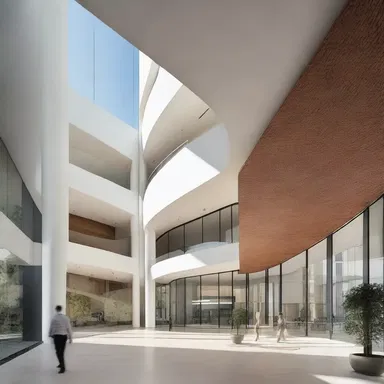 The building's design is based on contemporary architectural principles, with emphasis on natural lighting and open spaces.