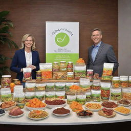 The grand unveiling of a new line of wellness products, emphasizing a range of vibrant, appealing and nutritious food items.