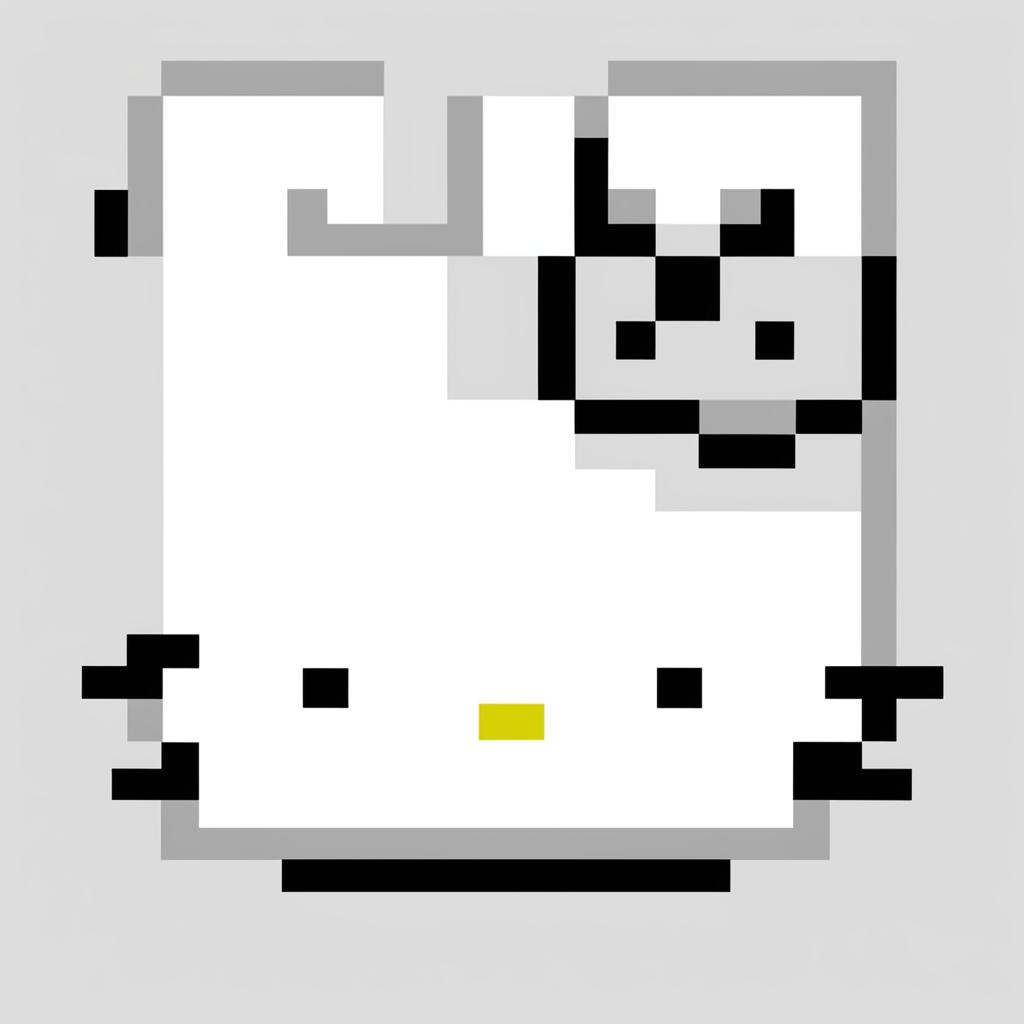 This is a 32x32 pixel art image of Hello Kitty's face, rendered in a bold, monochromatic black against a white background