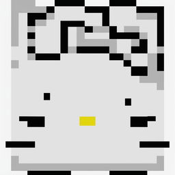 This is a 32x32 pixel art image of Hello Kitty's face, rendered in a bold, monochromatic black against a white background