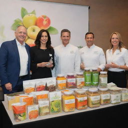 The grand unveiling of a new line of wellness products, emphasizing a range of vibrant, appealing and nutritious food items.