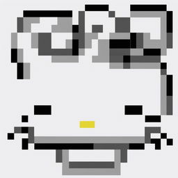 This is a 32x32 pixel art image of Hello Kitty's face, rendered in a bold, monochromatic black against a white background