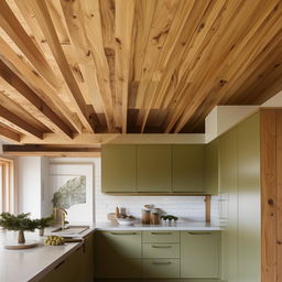 A architecturally designed kitchen with olive green cabinetry and timber ceiling. Architectural photography.