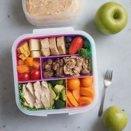 A colorfully packed lunch box filled with multiple compartments of wholesome, nutritious food, perfect for a healthy meal.