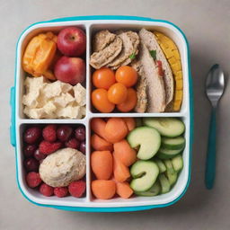 A colorfully packed lunch box filled with multiple compartments of wholesome, nutritious food, perfect for a healthy meal.