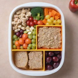 A colorfully packed lunch box filled with multiple compartments of wholesome, nutritious food, perfect for a healthy meal.