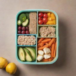 A colorfully packed lunch box filled with multiple compartments of wholesome, nutritious food, perfect for a healthy meal.