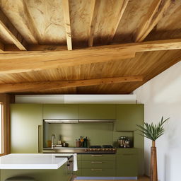 A architecturally designed kitchen with olive green cabinetry and timber ceiling. Architectural photography.