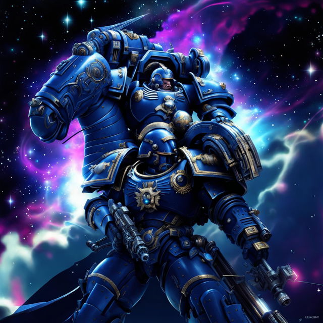 A space marine in cobalt blue power armor rides a cybernetic horse through outer space, against a backdrop of colorful nebulas and distant stars.