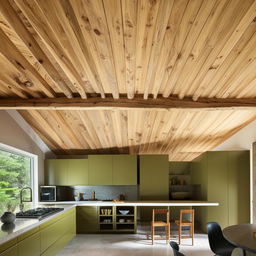 A architecturally designed kitchen with olive green cabinetry and timber ceiling. Architectural photography.