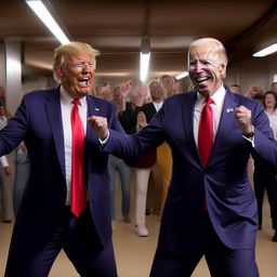 Integrate a cheerful image of Joe Biden, matching the euphoria of Donald Trump, as they together dance to the YMCA song, radiating immense joy and camaraderie.