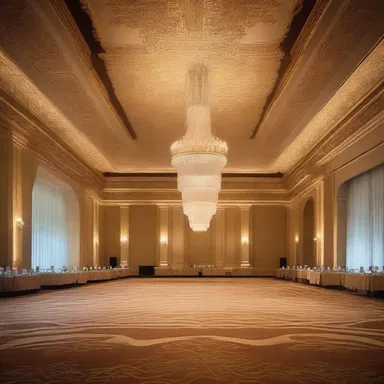 The grand ballroom was adorned with chandeliers that cast a soft glow on the intricate linin patterns etched into the ceiling.