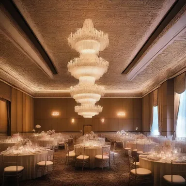 The grand ballroom was adorned with chandeliers that cast a soft glow on the intricate linin patterns etched into the ceiling.