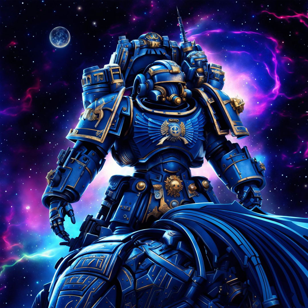 A cobalt blue armored space marine rides a cybernetic horse through outer space, surrounded by vibrant nebulas and distant stars.