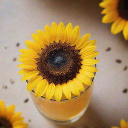 An eye-catching fragile glass filled with a vibrant sunflower-inspired drink, garnished with sunflower seeds.