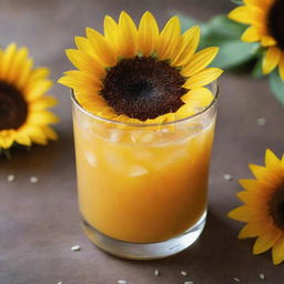 An eye-catching fragile glass filled with a vibrant sunflower-inspired drink, garnished with sunflower seeds.