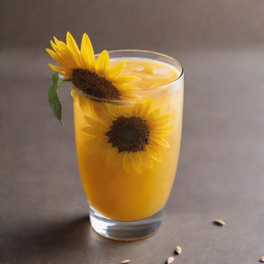 An eye-catching fragile glass filled with a vibrant sunflower-inspired drink, garnished with sunflower seeds.